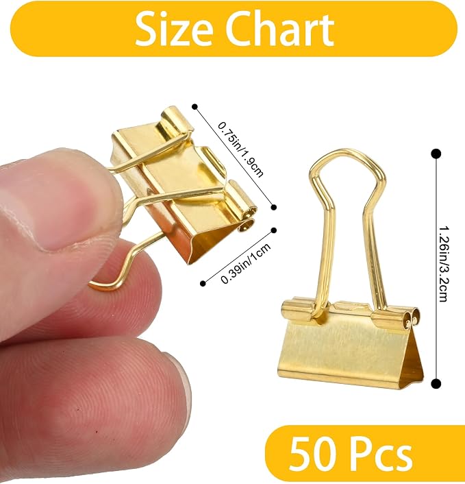 Binder Clips, 50 Pack, 0.75 in Small Paper Clips for Office,(Gold)