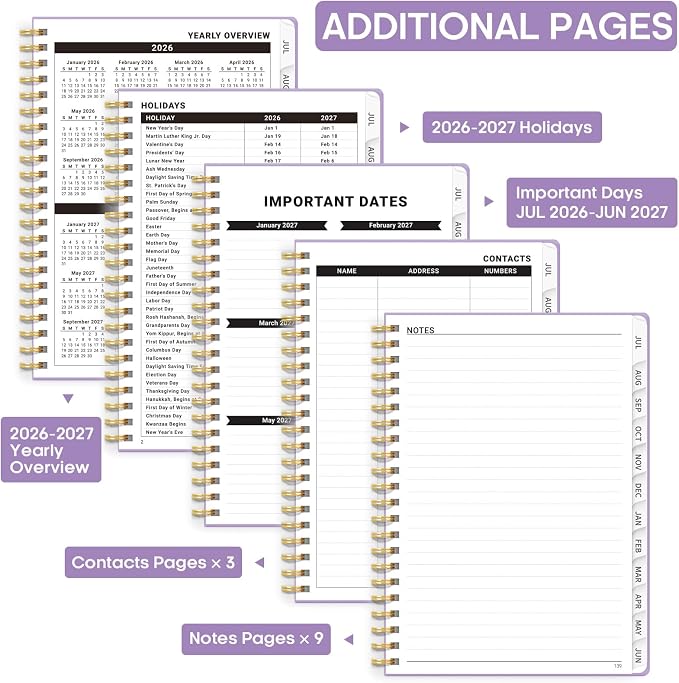Academic Planner 2026-2027, Weekly and Monthly Calendar Planner Book, July 2026 – June 2027, Hardcover Organizer with Tabs, Perfect for Teachers, Students, Women & Men, A5 (6.4" x 8.5") - Lavender