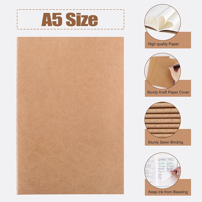 EOOUT 80pcs Kraft Notebooks for Kids, Blank Journals Bulk, Sketch Books, 60 Pages Composition Notebook, 80gsm, 8.3x5.5 Inches, Travel Journal Set, for Travelers, Students and Office Supplies
