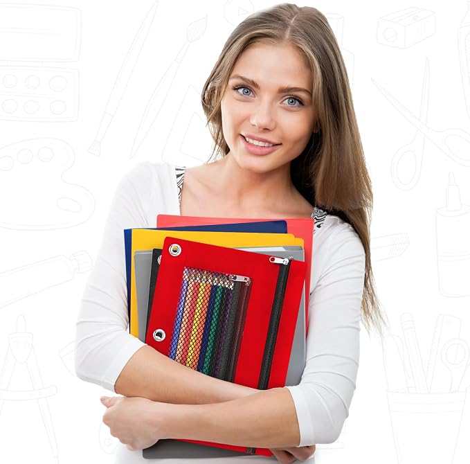 Pencil Pouch for 3 Ring Binder - 3 Hole Zipper Pen Case Bag Holder Bulk Accessories Clear Window Aesthetic Organizer Pockets (Red)