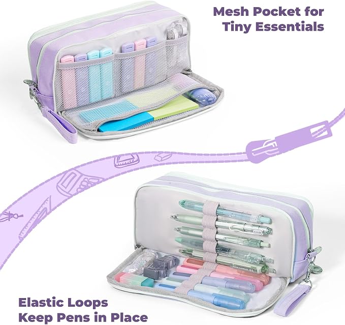 Four Candies Puple Pencil Case 3 Compartment Pouch, Large Pencil Case for School, Girls, Teen Boys, Women, Puple, Removable Handle & Zipper, Cute Pencil Bag for Office, College