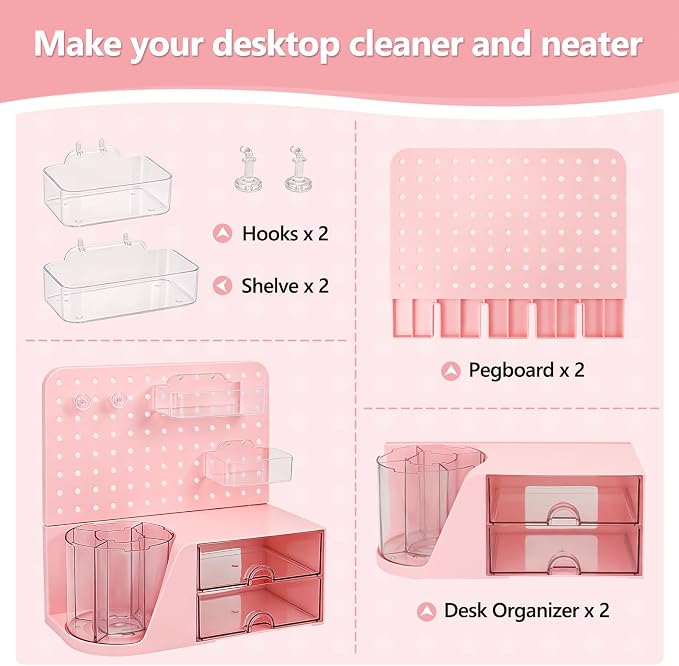 Desk Organizer with 360° Rotating Pen Holder, 5 Slots, 2 Drawers & Pegboard for Office School Art Supplies (Pink)