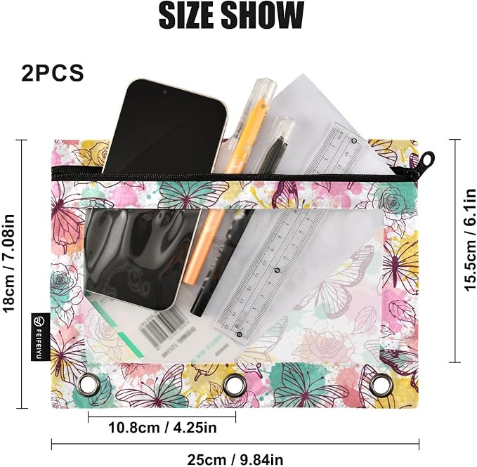 Butterfly Pencil Pouches for 3 Ring Binder 2 Pack | Binder Pencil Case With Zipper Reinforced GrommetsPencil Bags for Office Organizers