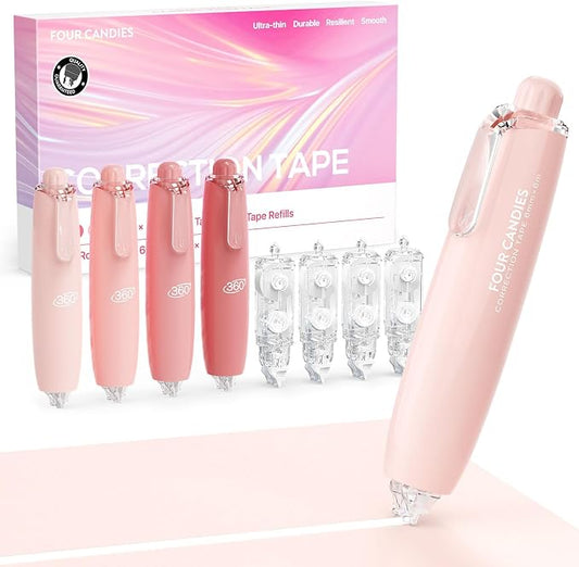 Four Candies Refillable Correction Tape, 4PCS White Tape with 4 Refills | Smooth White Pull-Out Tape for Instant Corrections, Easy to Use Applicator for Office, School Supplies (Pink)