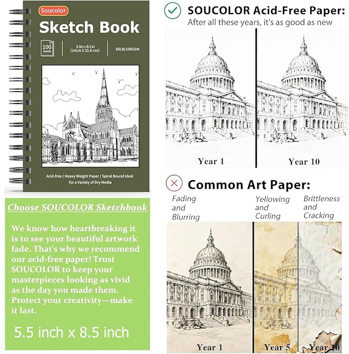 Soucolor Sketchbook 5.5" x 8.5", 2 Pack Mini Sketch Book | Spiral Bound Sketch Book with 200 Sheets 68lb/100gsm Acid-Free Paper, Drawing Notebook for Adults Kids Artists Art Supplies