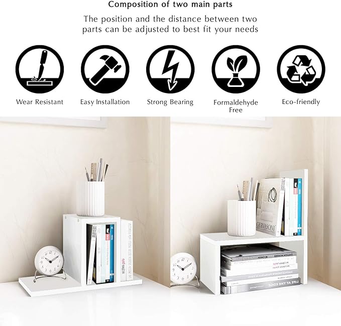 Jerry & Maggie - Desktop Organizer Office Storage Rack Adjustable Wood Display Shelf | Birthday Gifts - Toy - Home Decor | - Free Style Rotation Display - True Natural Stand Shelf (White)