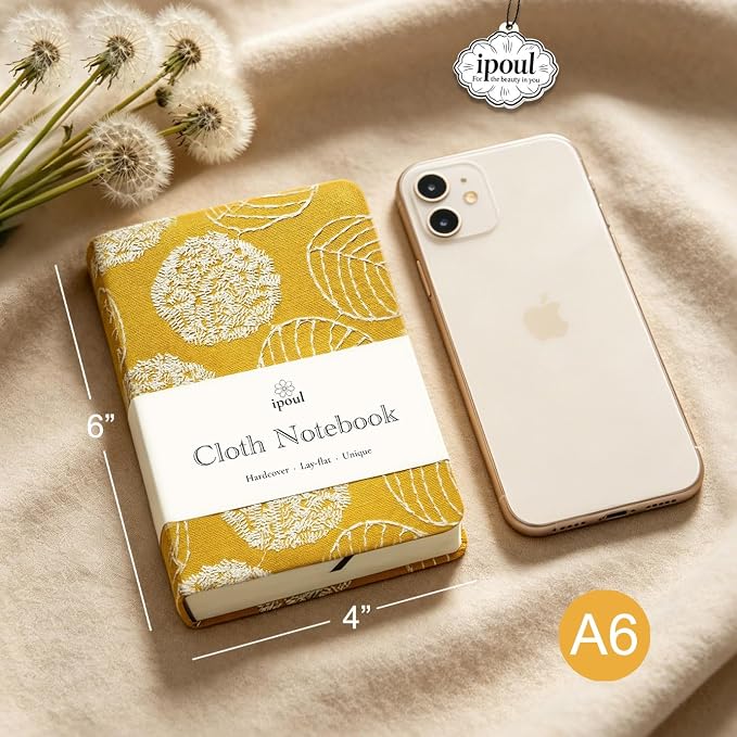 A6 Notebook, Pocket Journal, Embroidered Journal for Girl, Small Fabric Notebook, Lay Flat Hardcover Journal, 4x6 Lined Notebook & Sketchbook, Cute Diary, Writing Journal for Women, Yellow
