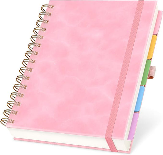 Hardcover Leather Lined Spiral Notebook 8x10" with Removable Dividers - Pink - 300 Pages 5 Subject College Ruled Notebook for Work with Tabs, Pockets, and Pen Loop for Note Taking, Large Journal