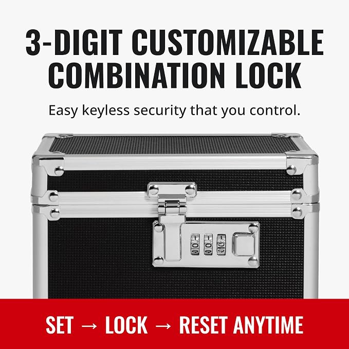 Vaultz Locking Security Box, Combination Safe for Valuables & Cash, Black | Small safe measuring 9.88 x 7 x 7.75 in, sturdy steel lockbox with reinforced corners, 3-digit combination, no keys needed