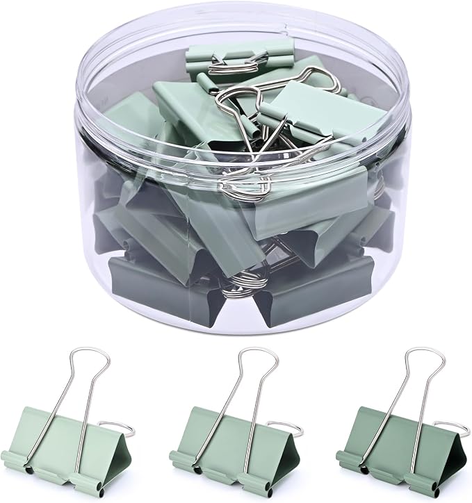 Temiary Aesthetic Binder Clips, Large Metal Binder Clip with Clear Storage Container, Binding Paperwork Clamps for School Teachers Office Supplies (Green 1.6 Inch, 24P)