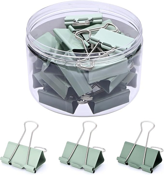 Temiary Aesthetic Binder Clips, Large Metal Binder Clip with Clear Storage Container, Binding Paperwork Clamps for School Teachers Office Supplies (Green 1.6 Inch, 24P)