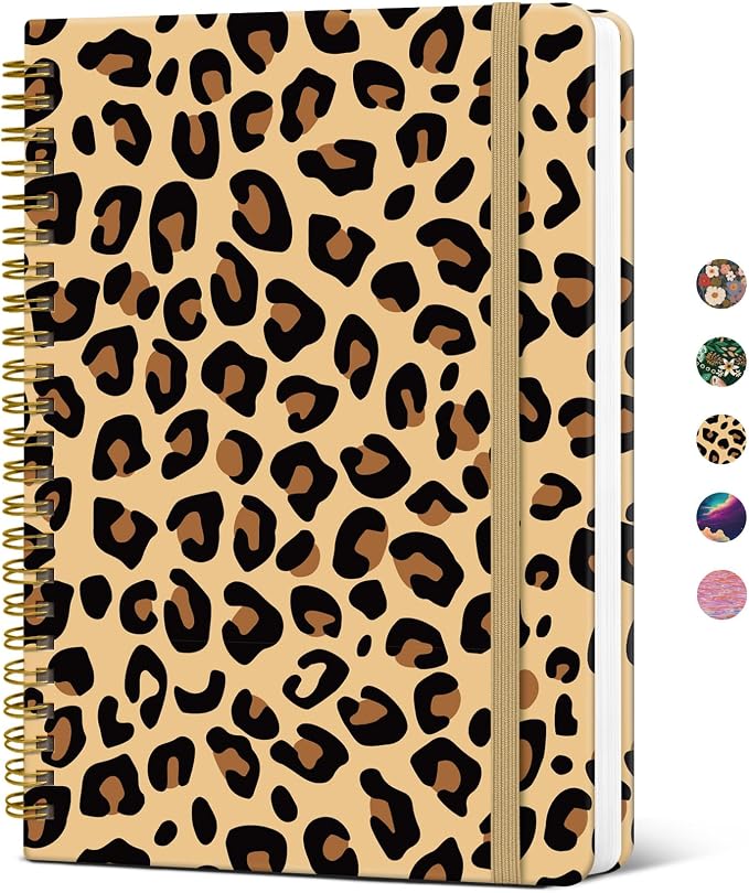Taja Spiral Journal Notebook for Women, Pretty Hardcover Lined Notebook for Work & Note Taking, Aesthetic Cute Journal for Writing, 140 Pages, 5.8"x8.3", Leopard