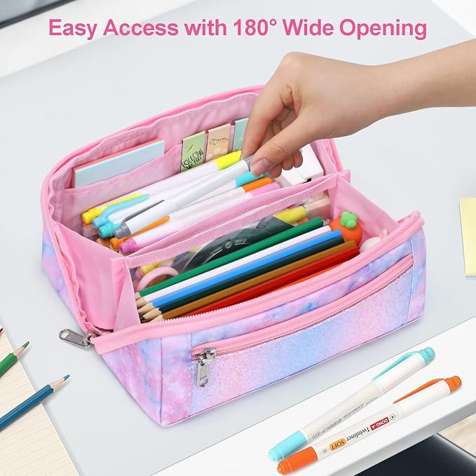 Large Pencil Case for Girls - Aesthetic Pencil Pouch for School | Kids Pencil Case & Wide Handle, Water Resistent Organizer Box,Fits 50 Pens & Markers, Daily Use, Pink Tie Die