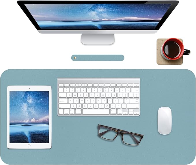 ‎Boutilon Leather Desk Pad Protector,Non-Slip Mouse Pad,Laptop Desk Pad,Office Mouse Mat,Waterproof Leather Desk Blotter,Desk Writing Pad for Office and Home (M-Light Blue,30"x14")