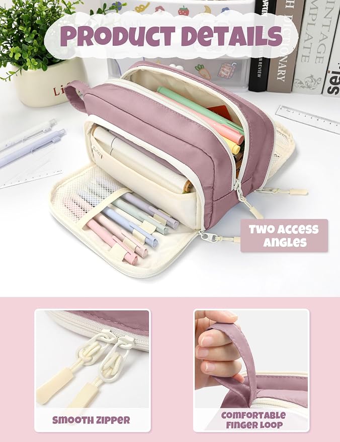 SUNEE Cute Pencil Case, Aesthetic Pen Pouch with 3 Compartments, Kawaii Colored Large Pencil Bag with Zipper, Stationery Storage and Organizer, Purple School Supplies for Teen and Adult Girls