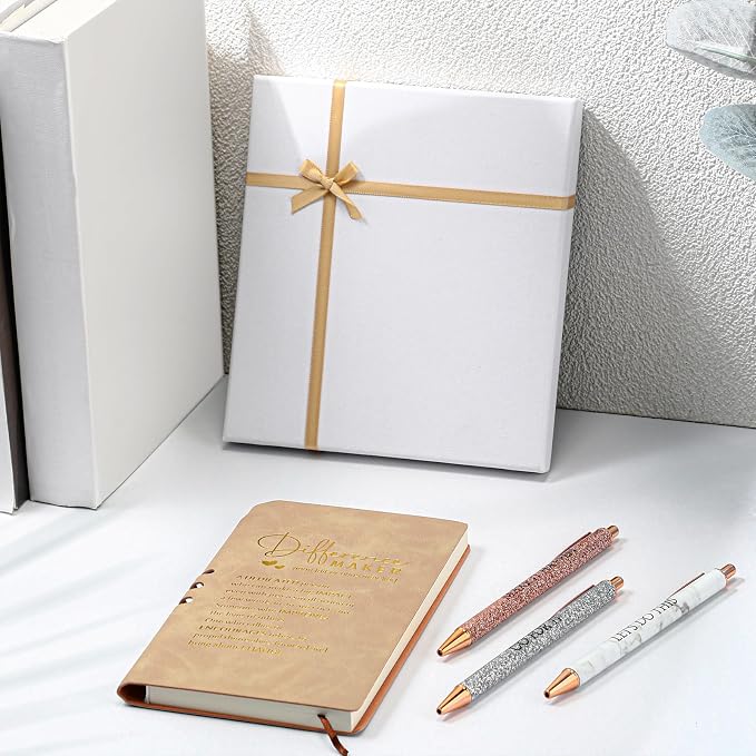 Thenshop 5 Pcs Difference Maker Gifts Journal with Pen Leather Notebook 3 Ballpoint Pens Box Thank You Gift for Nurse Boss Employee Coworker Teacher Volunteer Social Worker Assistant(Khaki)