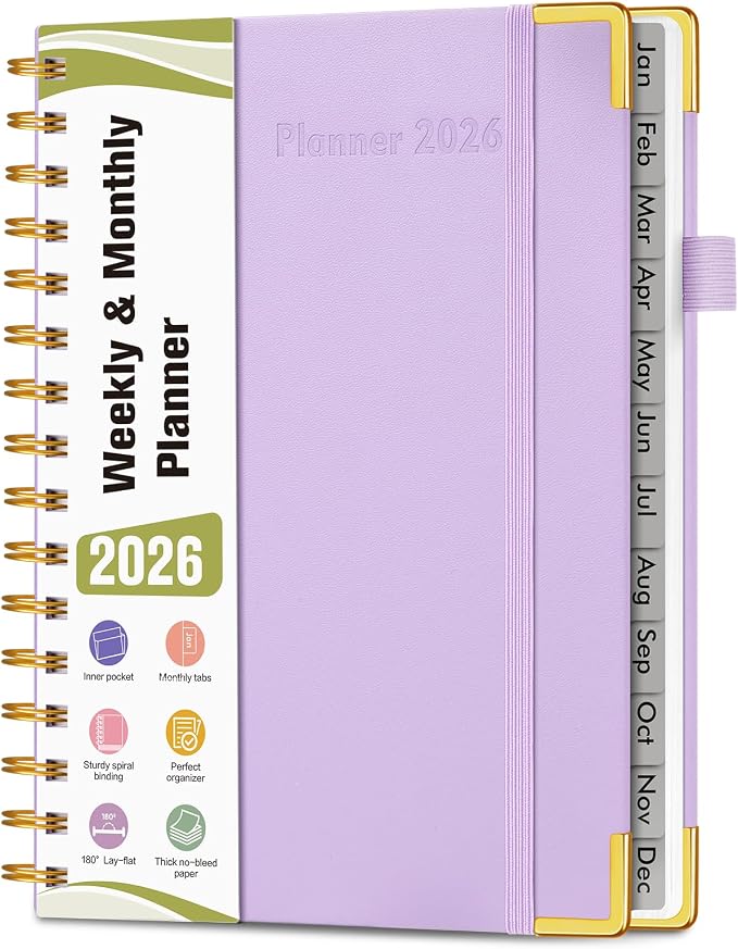 2026 Planner, Hardcover Leather Weekly and Monthly Planner, January 2026 - December 2026, Spiral Yearly Agenda Organizer Book 2026 with Tabs, Daily Calendar Planners for School Work Home, A5 (5.75" x 8.38"), Purple