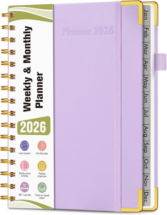 2026 Planner, Hardcover Leather Weekly and Monthly Planner, January 2026 - December 2026, Spiral Yearly Agenda Organizer Book 2026 with Tabs, Daily Calendar Planners for School Work Home, A5 (5.75" x 8.38"), Purple