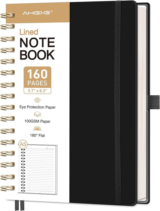 AHGXG Spiral Journal Notebook, 160 Lined Pages, A5 Size (5.7'' x 8.3'') | for Men & Women, Journaling, Writing, Work & Office, Hardcover, 100 GSM Thick Paper (Black)