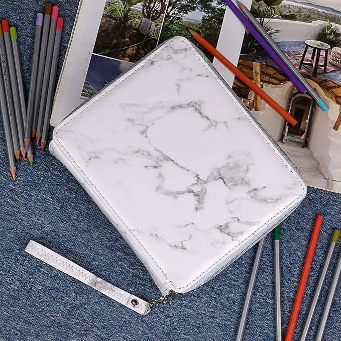 BTSKY Deluxe PU Leather Pencil Case For Colored Pencils - 120 Slot Pencil Holder with Handle Strap Handy Colored Pencil Box Large(White Marble)