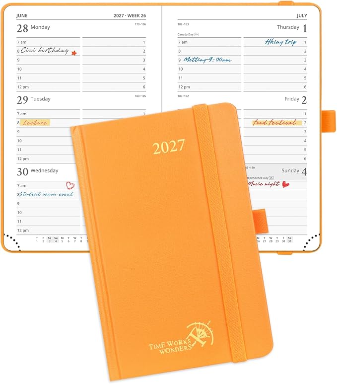 POPRUN Pocket Calendar 2027, 4" x 6.25" Pocket Calendar for Purse, Jan 2027 - Dec 2027 Small Planner, Weekly Appointment Book with Hourly Time Slots, Hardcover, 100 GSM - Orange