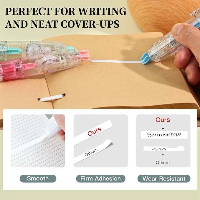 Refillable Correction Tape, 157 ft Total – 2 Pre-Filled Dispensers + 6 Snap-In Refills, School & Office Supplies, Pink & Blue