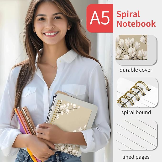 KZYVFNPQ Spiral Journal Notebook for Women Men, A5 Cute Hardcover Lined Notebook with Strong Binding,College Ruled Notebook for Office Work Writing(White Beige Flowers)