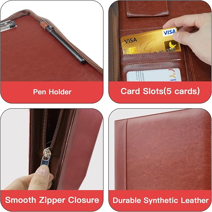 WRIYES Zippered Portfolio Organizer with 3 Ring Binder, Brown | Leather Padfolio, Professional Business Binder, Organizer for IPad/Document, Phone & Business Cards