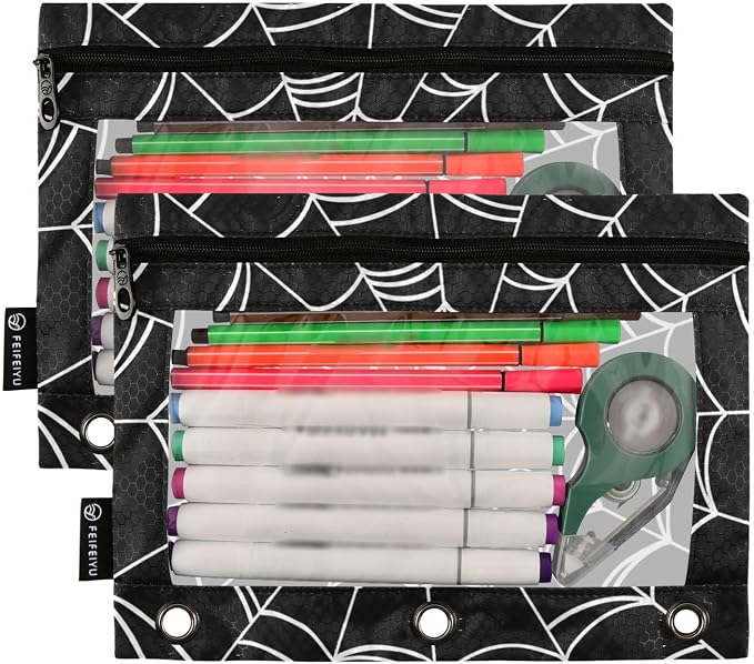 Goth Spider Web Pencil Pouches for 3 Ring Binder 2 Pack | Binder Pencil Case With Zipper Reinforced GrommetsPencil Bags for Office Organizers