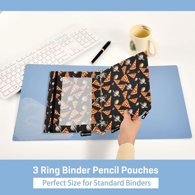 Pizza Mushroom Binder Pouches 3 Ring for Boys Girls School Office College Supplies Cute Doodle Pattern Black Pencil Pouches Case Bag with Clear Window and Zipper 2 Pack