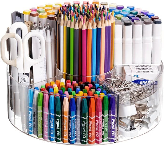 360° Rotating Pen Organizer, Large Clear Acrylic Marker Holder with 6 Compartments, 10" Lazy Susan Pencil Holder for 295 Markers, Colored Pencils, Crayons, Makeup Brushes & Desk Supplies
