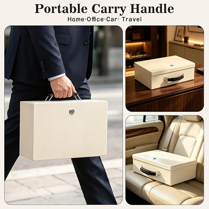xydled Fire Resistant Safe Fire Safe Box with Key Lock for Home Office Security Storage for Valuables Documents,12.8 x 8.5 x 4.5 Inch,White,Beige