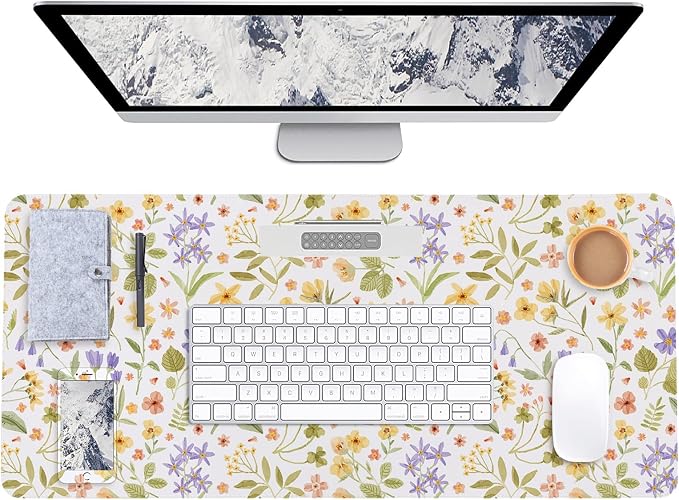 Botanical Floral Desk Pad Blotter,Large Mouse Pad 35 x 17in,PU Leather Desk Mat Writing Pad Protector, Non-Slip Waterprrof,Desktop Decor for Home Office & Gamers Women Girls (Pressed Flower Art)