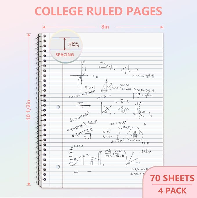 4 Pack Spiral Notebooks, 1 Subject College Ruled, 10.5 x 8 in, 70 Sheets Each, 3-Hole Punched Perforated Pages, Plastic Covers with Pockets, Silver Coil, Assorted Colors