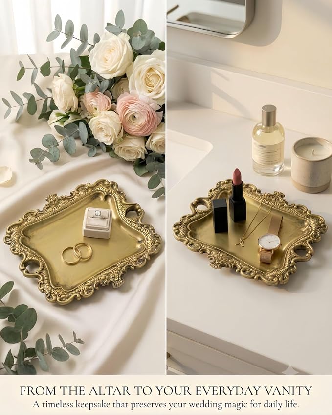 8x7 inch Vintage Gold Jewelry Tray, Middle Decorative Trinket Dish | Rings and Perfume Organizer for Vanity, Elegant Baroque Style Accessory for Wedding Detail Photography
