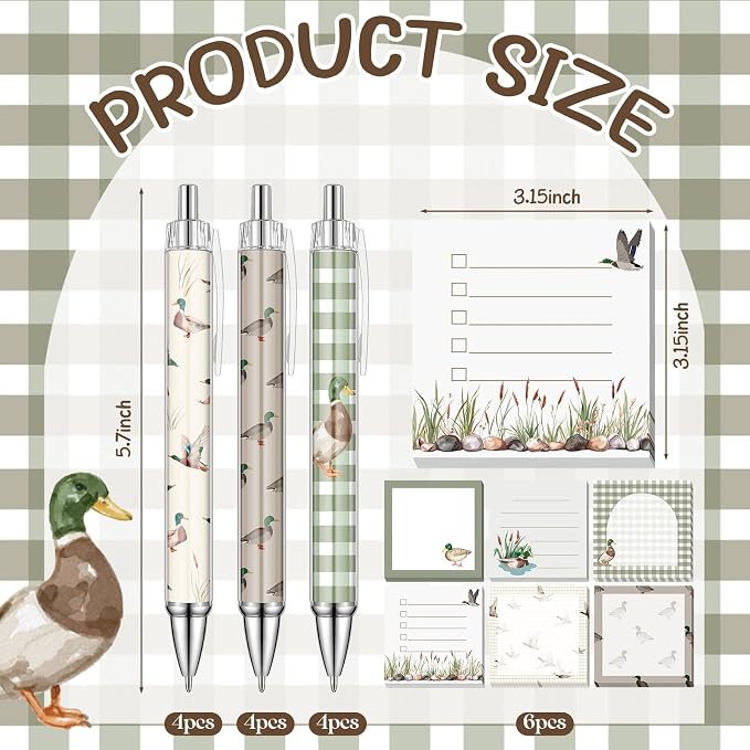 Sabary 18 Pcs Stationery Set, 12 Aesthetic Pens & 6 Sticky Notes, Valentines Gifts, Baby Shower Party, Cute Office School Supplies, Gifts for Women Students Nurses Teachers Coworker(Mallard Duck)