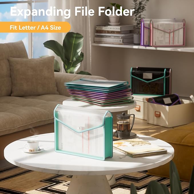 ABC life 6 Pack File Folder, Large Capacity Folders for Documents, Document Folder with Snap Closure, Color-Bordered Expanding File Folders, Folder Organizer Fit Letter/A4 Size - Clear Black