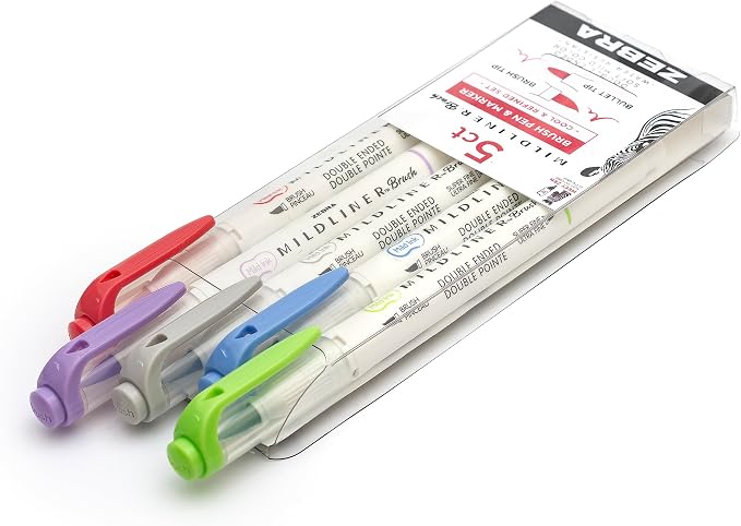 Zebra Pen MILDLINER No Bleed Brush Pen, Assorted Cool, Dual Tip, 5-Pack