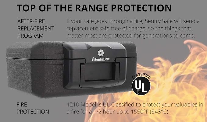 SentrySafe Fireproof Safe with Key Lock, Chest Lock Box for Home or Travel Secures Money, Documents, 0.18 Cubic Feet, 6.1 x 14.3 x 11.2 Inches, 1210