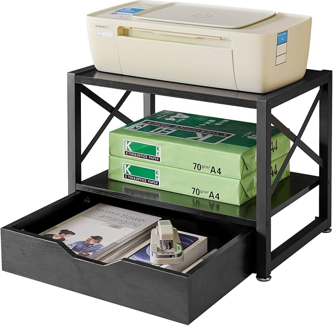 IBUYKE 2 Tier Desktop Printer Stand with Drawer Storage TLJ006B | Multi-Purpose Desk Organizer,Wooden Printer Stand for Folders,Books,for Fax Machine, Scanner,Home Office