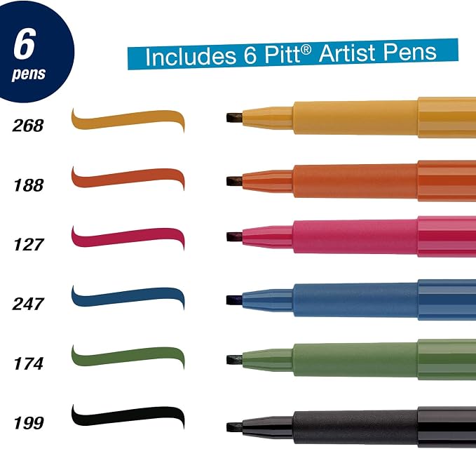 Faber-Castell Pitt Artist Calligraphy Pens | 6 India Ink Pens, 2.5 mm Chisel Tip | Multicolor Calligraphy Pen Set for Lettering, Journaling, Creative Writing & Hand Lettering Designs