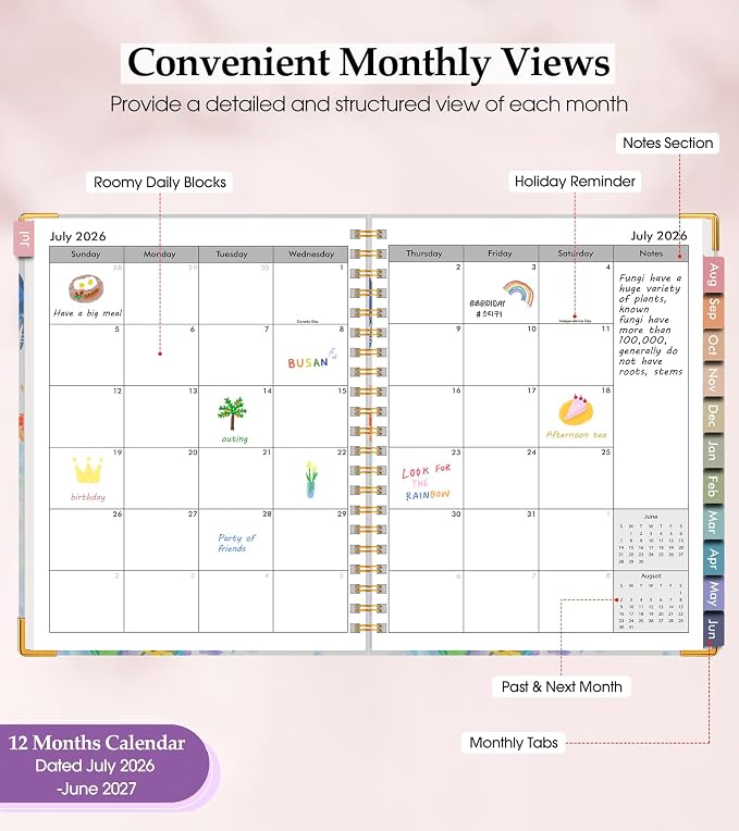 Academic Planner 2026-2027, Hardcover Leather Weekly and Monthly Calendar Planner from July 2026 - June 2027, A4 8.5" x 11" Daily Agenda with Tabs, College School Organizer for Student Teacher, Butterflies in the Blooms