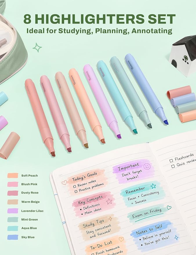 SUNEE 35PCS Aesthetic Stationery Set with Cute Pencil Case, Pastel Highlighters, Black Gel Pens, Mechanical Pencils & Refills, College School Supplies for Students Girls Green