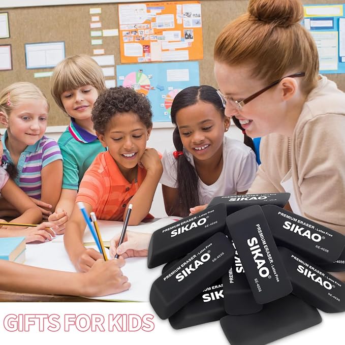 Black Erasers, 6 Pack Block Pencil Erasers | Latex-Free & Smudge-Free Beveled Rubber Erasers for School Supplies, Classroom, Office & Homework