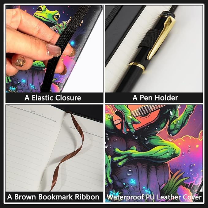 A5 Leather Lined Journal Notebook, 200 Pages Hardcover Executive Notebook for Men Women Office School Note Taking, Thick Writing Paper Daily Journal with Bookmarks/Indexes, Watercolor Frog