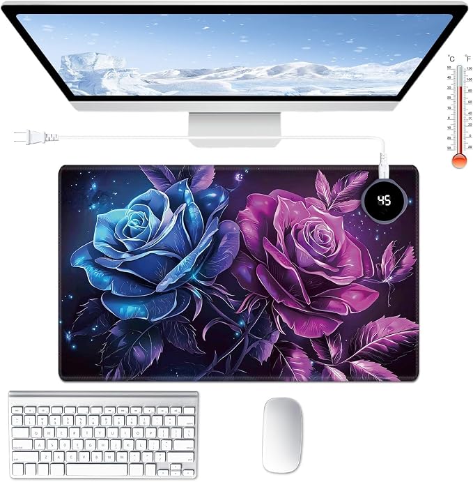 Heated Desk Pad Large Mouse Pad 23.6 x 14.1 inch with 3 Levels Heating & Auto Shut-Off Warm Mouse pad PU Leather Computer Mousepad for Home Office Work - Blue and Purple Rose Flower
