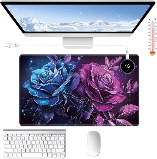 Heated Desk Pad Large Mouse Pad 23.6 x 14.1 inch with 3 Levels Heating & Auto Shut-Off Warm Mouse pad PU Leather Computer Mousepad for Home Office Work - Blue and Purple Rose Flower