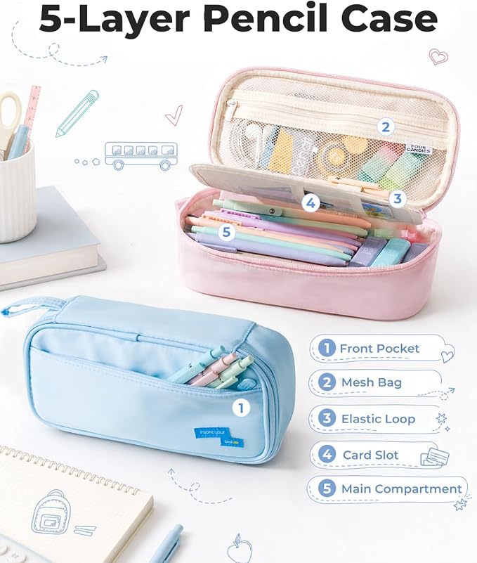 Four Candies Large Pencil Case, 5 Compartments Pen Organizer, Big Capacity Canvas Pencil Pouch Bag for School Supplies, Portable Stationery Holder for Teen Girls, Women (Peppermint Green)