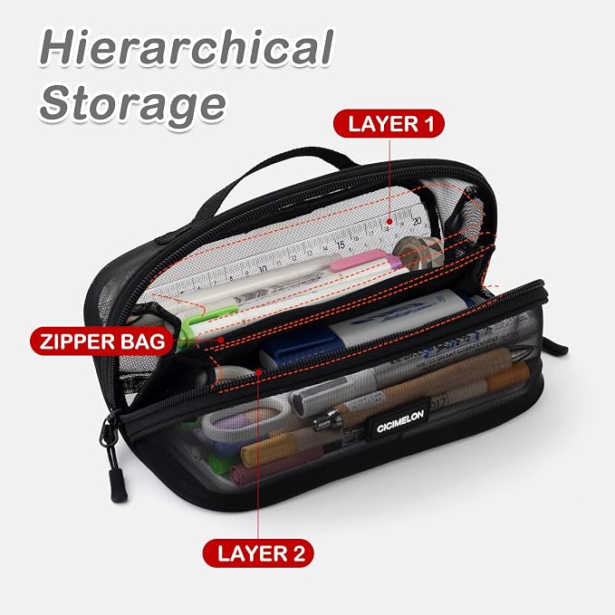 CICIMELON Mesh Pencil Pen Case Multi-Purpose Transparent Zipper Pouch for Stationery, Makeup, Travel Essentials Large Capacity Organizer Bag, Black