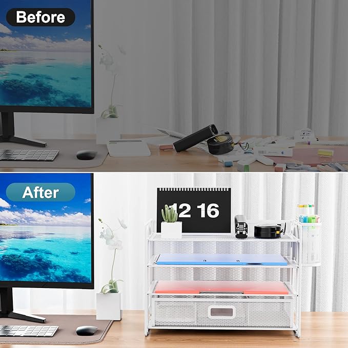 Marbrasse Desk Organizer and Accessories Polystyrene, 4-Tier Paper File Letter Tray Accessories & Workspace Desk Organizers with Drawer and 2 Pen Holders for School Home Office Supplies (White)
